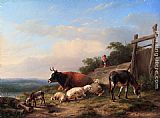 Eugene Verboeckhoven Famous Paintings - A Farmer Tending His Animals